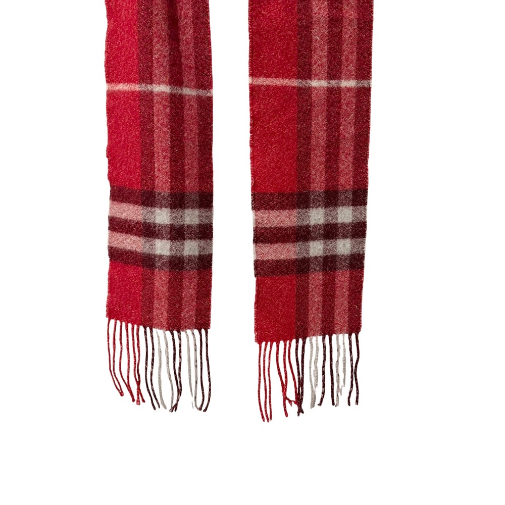 Burberry Nova Check Plaid Wool Blend Scarf Red White Burgundy Fringe Long Thin - Picture 4 of 6